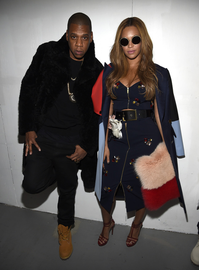  Jay-Z (L) and Beyonce pose backstage at the adidas Originals x Kanye West YEEZY SEASON 1 fashion show during New York Fashion Week Fall 2015 at Skylight Clarkson Sq on February 12, 2015 in New York City